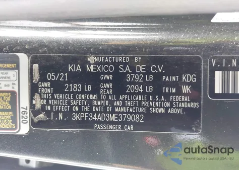 2021 Kia Forte Gt-Line из США, поврежденный, VIN 3KPF34AD3ME379082